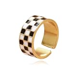 Adjustable Checkerboard Bands Statement Finger Ring 14K Gold Black White Titanium steel Band Open Ring - 3 Rows