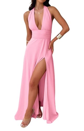 Women Long Prom Dress Wedding Cocktail Slit Maxi Gown Pink