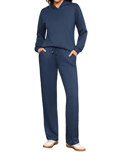 Totatuit Conjunto deportivo mujer elegante sudadera con capucha pantalón ancho con cordón cómodo estilo casual Azul Marino，XXL
