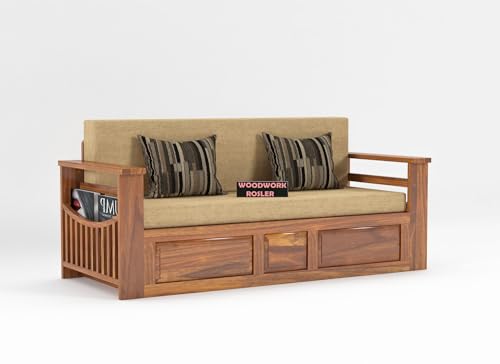 Image of Solid Sheesham Wooden Sofa Cums Bed with Mattresses for Living Room|Rosewood 3-Person Sofa Cums Bed for Bedroom Without Pillow (F-Walnut Finish)