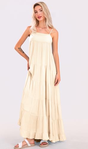 Image of loveimgs Women Summer Spaghetti Strap Smocked Maxi Dress Tiered Ruffle Sleeveless Long Flowy Dress Beach Sundress
