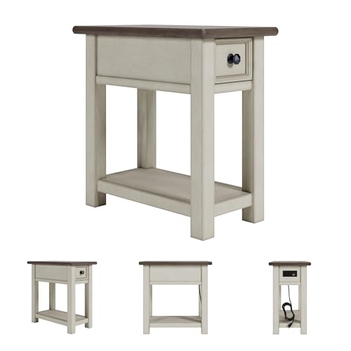 Image of Signature Design by Ashley Bolanburg Chairside End Table With Charging Station, Two-Tone Wood Accent Table With Drawer Storage, Plank Top Design for Living Room or Bedroom, Antique White
