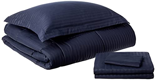 Image of Sweet Home Collection 8 Piece Bed in a Bag with Dobby Stripe Comforter, Sheet Skirt, and Sham Set, Twin, Navy, 8