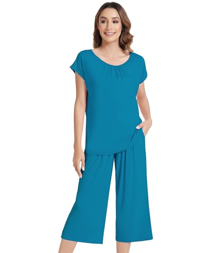 Image of NACHILA Women's Pajamas Set Short Sleeve Sleepwear Soft Pjs Cool Pajama with Capri Pants, Viscose Made from Bamboo