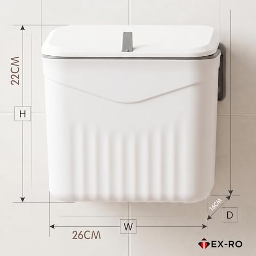 Image of TEX-RO Hanging Dustbin for Kitchen with Lid, 9L Wall Mounted Dustbin for Home with 2-Way Lid Opening, No-Drill Cabinet Door Hanging Trash Can, Plastic Waste Bin for Bathroom Bedroom Office (White)