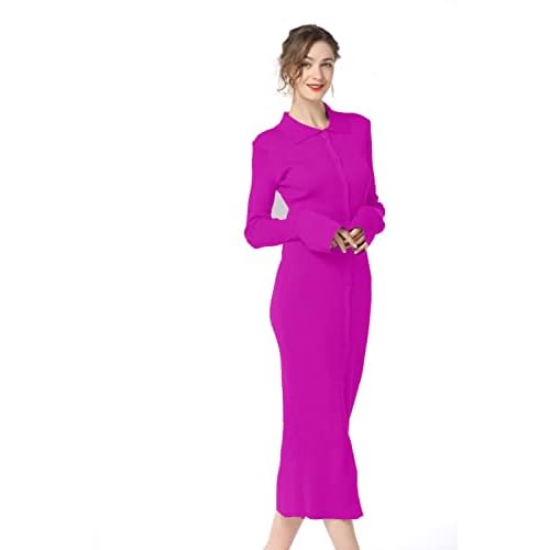 RanRui Women Long Sleeve Knit Dress Stripe Botton Down Knitted Dress Cardigan Sweater Dresses Ribbed Knit Bodycon Maxi Dress Small Plum