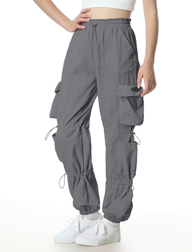Image of EXARUS Girls Parachute Pants Cargo Hip Hop Wide Leg Baggy Y2K Teen | Tween Casual School Dance Streetwear with Pockets Elastic Waist Youth Junior Kids Bottoms Hiking 8-14Y