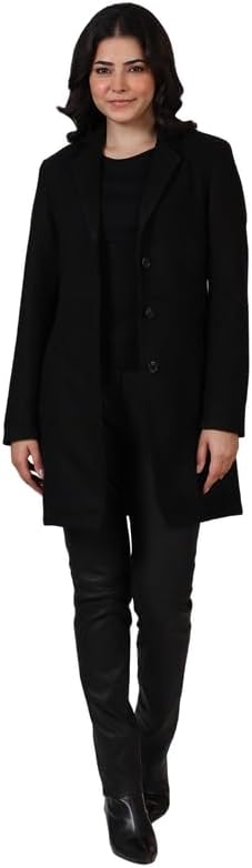 Women's Black Wool Blend Coat | Classic Button-Front Pea Coat Style with Belted Waist | Mid-Length Outerwear