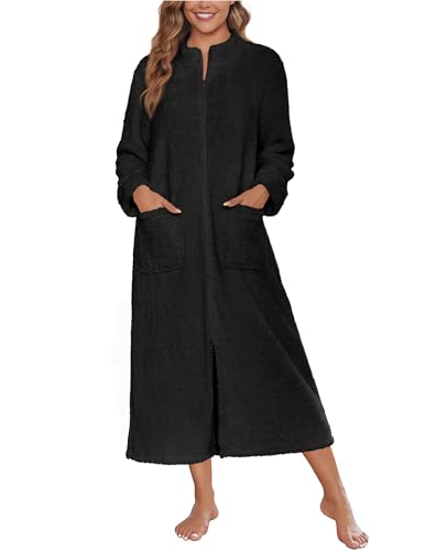 Image of Ekouaer Women Zipper Robe Fleece Long Sleeves Bathrobe Sleepwear Warm Soft Housecoat with Pockets Zip Up House Dresses