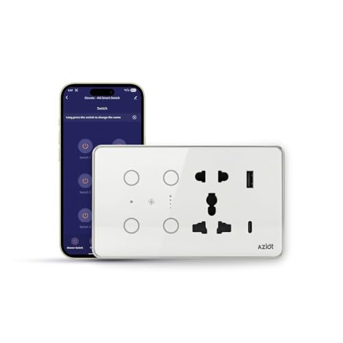 Image of AZIOT Smart Premium Toughened Glass Touch Switch Panel | Elevate 4 Module (2 Switch + Fan + Socket) | WiFi + BLE | No Hub Required | Compatible with Alexa, Google Assistant & Siri | White