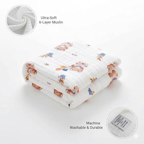 Image of Kassy Pop Muslin Cotton Bath Towel Cum Baby Swaddler | Extra Soft Towels for Newborn 0 to 3 Years l 100% Organic Cotton wash Towel | 105 X 105 cm (Teddy Ballon Print)