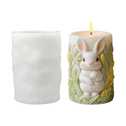 Molde de conejo de Pascua – Conejo cilíndrico de silicona, moldeado de vela de alivio, vela de yeso flexible, suministros de fabricación | Arcilla decorativa, cemento, yeso, resina, artesanía para el