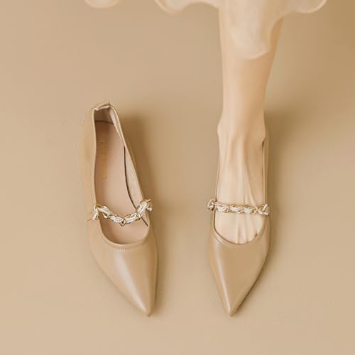 Women's Leather Mary Jane Flats Shoes with Pearl Strap Fashion Closed Pointed Toe Shallow Mouth Slip On Soft Sole Bridal Shoes Luxury Business Wedding Dress Shoes 6
