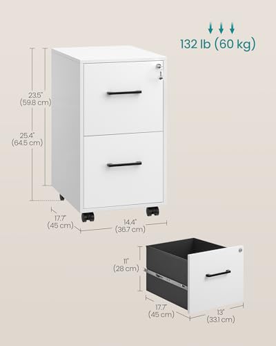 Image of SONGMICS File Cabinet, Pre-Assembled Except Wheels and Handles, Office Filing Cabinet with Lock, for A4, Legal, Letter Sized Documents, 17.7 x 14.4 x 25.4 Inches, Matte White and Black UOFC112W01
