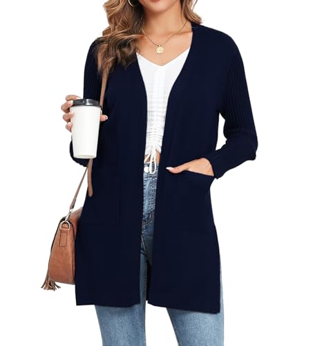 Image of Women's Cardigan Sweaters V-Neck Long Sleeves with Two Pockets Side Split Hem Open Front Knit Casual Cardigan
