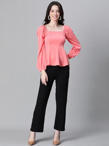 Image of Women Solid Round Neck Elasticated Polka Print Long Sleeve Top