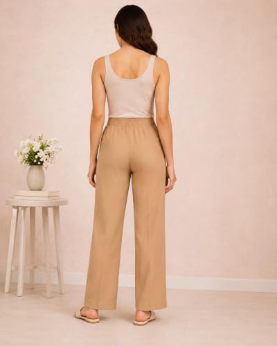 Image of Women's Mid Rise Wide Leg Trousers with Elastic Waist & Pockets