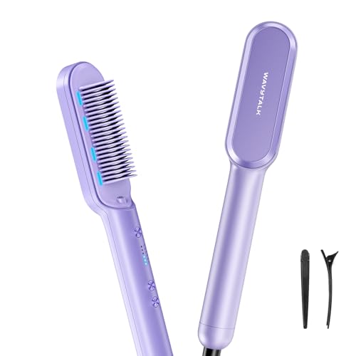 wavytalk Ionic Hair Straightener Brush, Hair Straightening Comb with Negative Ions, Anti-Scald Ceramic Flat Iron Comb Fast Heating for Home Salon, Dual Voltage, Purple.