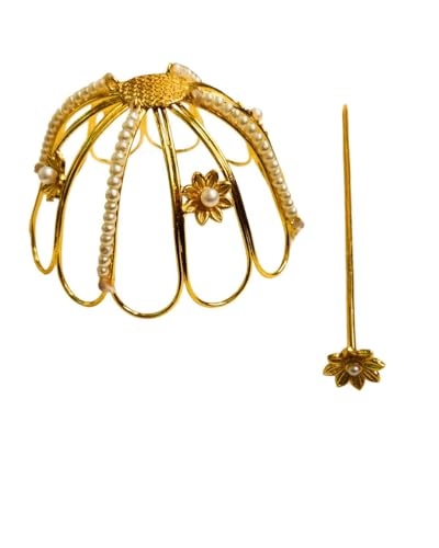 Image of Brass Hair Bun Cage with Stick for Women | Handcrafted Anti-Tarnish Juda Cover | Golden Surya Design Hair Bun Accessory for Wedding, Bridal, Festival, Bharatanatyam & Ethnic Wear