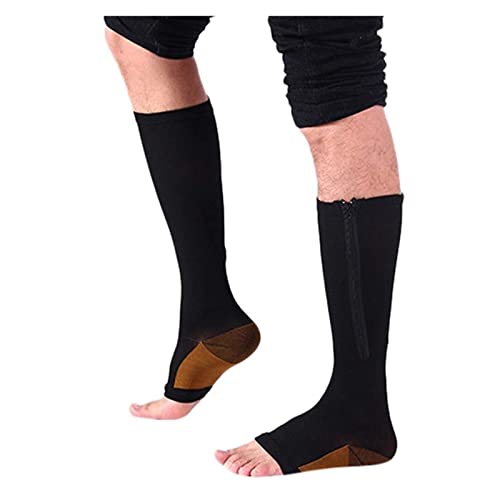 FENGJISUN Calcetines De Uso Diario Medias De Compresión Con Cremallera, Medias De Compresión Con Punta Abierta Hasta La Rodilla En La Pantorrilla Con Cremallera(Black,XXL)
