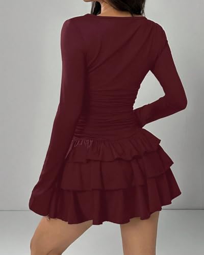 Women Elegant Long Sleeve Ruffle Tiered Layered Bodycon Mini Dress Crew Neck Ruched Fitted Flowy Hem Party Dress3