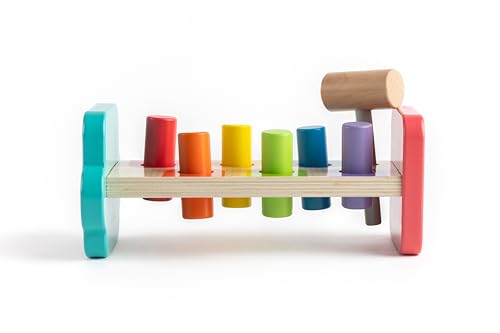 Image of Jasey's Toy Chest Tap & Learn Wooden Hammer Bench for Kids | Pounding Toy with Mallet & Colorful Pegs | Montessori Fine Motor Skill Toy for Toddlers Ages 12+ Months