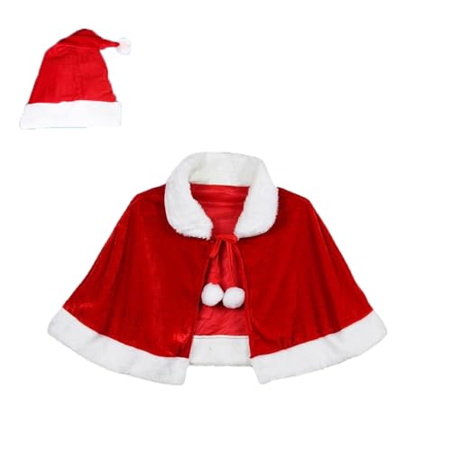 ITODA Red Christmas Shawl Hooded Cape Children Soft Santa Claus Cape Cosplay Costume Short Xmas Cloak Velvet Santa Shawl Xmas Outfit Winter Outwear for Girls