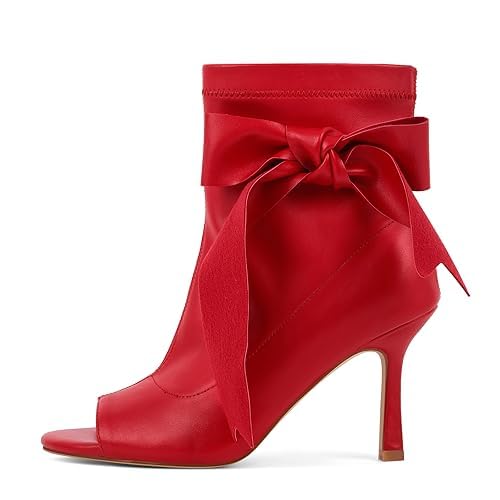 Peep Toe Ankle Booties for Women High Heel Stiletto with Oversized Bow Tie Elegant Open Toe Dress Boots