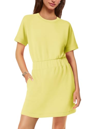 Image of SENSERISE Womens Short Sleeve T Shirt Dresses Crew Neck Solid Color Basic Smocked Waist Dress with Pockets