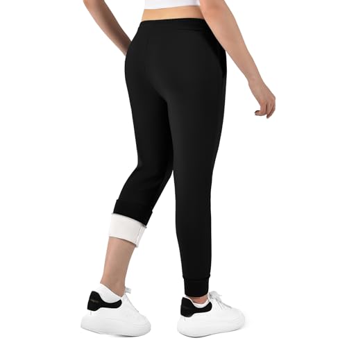 Ipletix Damen-Thermohose, gefütterte Fleece-Thermohose mit 2 Taschen, Dicke, warme Jogginghose mit Kordelzug, Dicke Winterhose für Freizeit, Fitnessstudio und Jogging Schwarz 1 Pack L
