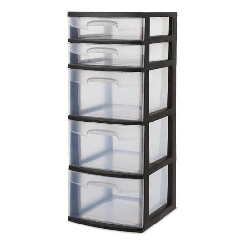 Image of 5-Tier Storage Drawer,with Both Shallow and Deep Clear Plastic Storage Organizer Drawer Tower,Suitable for Bedroom,Bathroom and Office Organization Black