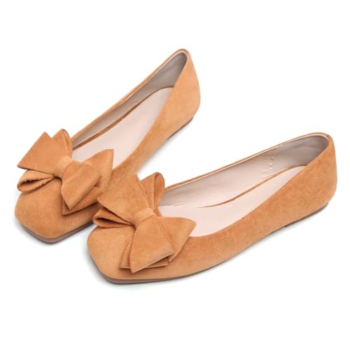 LUXINYU Women's Slip on Flats,Square Toe Solid Classic Shallow Bow Knot Ballet Dance Shoes Soft Comfortable Suede Work Flat Shoes2