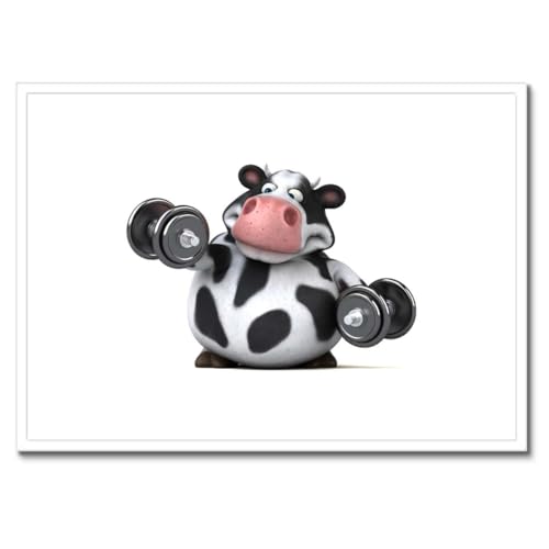 Vache dans la salle de sport cadre noir 70 x 50 cm pour décorer un mur blanc