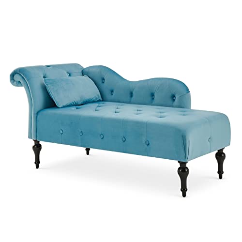Bravich Velvet Fabric Blue Chaise Lounge Chair- One Piece Chesterfield Left Hand Side Long Sofa Seater For Living Room Furniture Decor. Wooden Legs With Rolled Arm Rest & Small Cushion- Blue