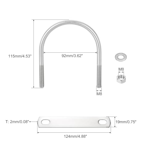Image of uxcell Round U-Bolts, 4 Sets 92mm(3.62 inch) Inner Width 115mm Length M8 304 Stainless Steel U Clamp Bolt with Nuts and Plates, for Boat Trailer