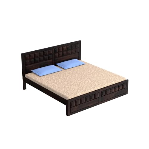 Image of Solid Sheesham Wood Queen Size Bed Without Storage | Wooden Double Bed Cot Bed for Bedroom Furniture | Palang Double Bed for Hotels | Walnut
