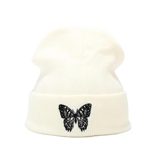 Bonnet tricoté d'hiver chaud et élégant à motif papillon brodé