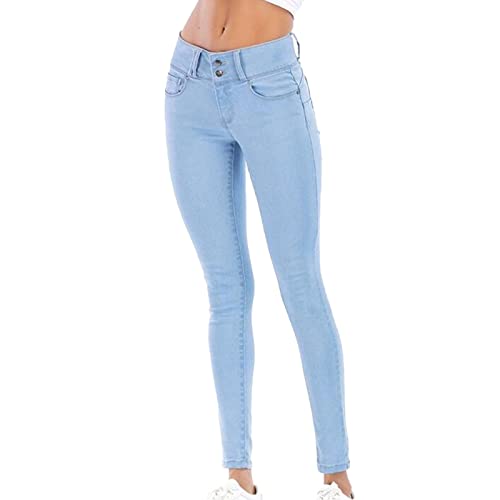 Women's Mid Rise Skinny Pencil Jeans Casual Slim Fit Butt Lift Denim Pants 2 Button Washed Stretch Jean Trousers (Light Blue,Small)