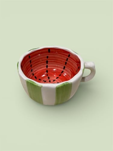 Image of Watermelon Ceramic Coffee Mug | Cute Fruit Design Tea Cup with Handle | Aesthetic Handmade Mug | Microwave & Dishwasher Safe | Gift for Girls, Friends & Summer Drinkware