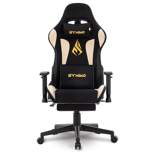 Symino Chaise Gamer, Design Bicolore, Siège Enveloppant, Support Lombaire & Tête, Inclinaison 150°, Gaz Classe 3 SGS, 150kg (Faux Daim, Noir Beige)