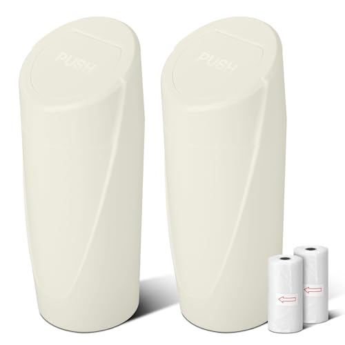 Image of Car Trash Can Bin with Lid - 2 Packs Car Garbage Can Cup Holder - Cream Mini Leakproof Vehicle Garbage Bin with 40pcs Trash Bags-Automotive Organizers and Storage for Front Back Seat Accessories