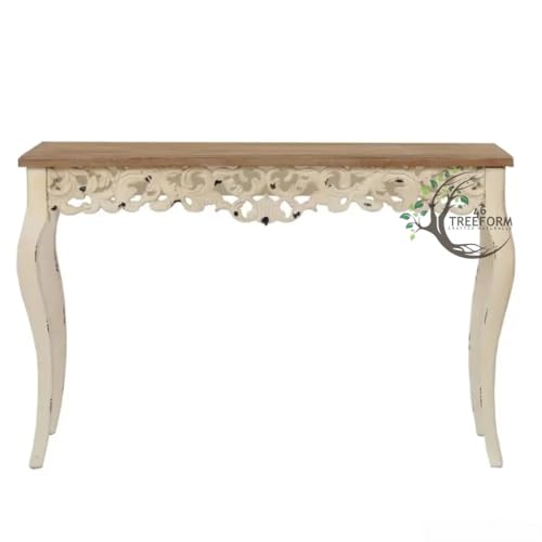 Image of Wooden Carved Console Table in Solid Mango Wood with Antique White Distress Finish for livingroom, Hall, enterway, Office (Large 4ft)