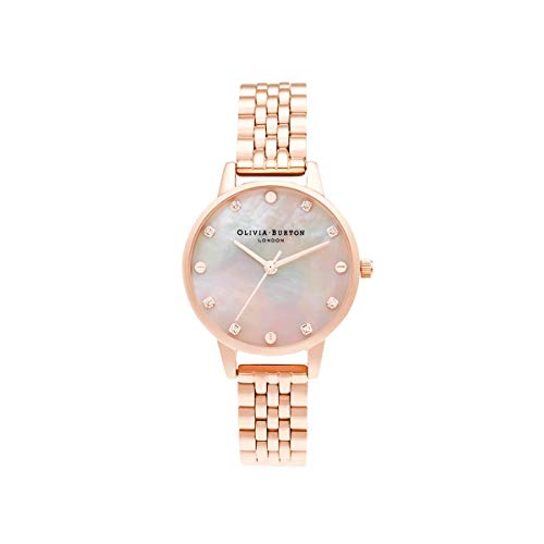 Image of Olivia Burton Classics Qtz Basic White Mother of Pearl & Stone & Stud Round Dial Women's Watch|Ionic Plated Rose Gold Steel Material|Rose Gold Color Band - OB16SE10