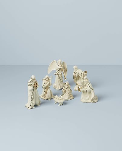 Lenox Figurine, 7-Piece Mini Nativity Set, Made Of Porcelain with 24K Gold Accent, Christmas Decoration, Christmas Decor Indoor, Winter Decor for Home, Table Decoration (Ivory, 7 Piece, 4-Inch Height)