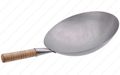 Wok de acero al carbono con mango de madera 16 pulgadas miniatura 1