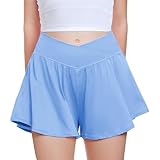 FireSwan Girls Butterfly Shorts Crossover Athletic Shorts with Pockets 2 in 1 Flowy Running Skorts for Teen, Girls, Youth Baby Blue