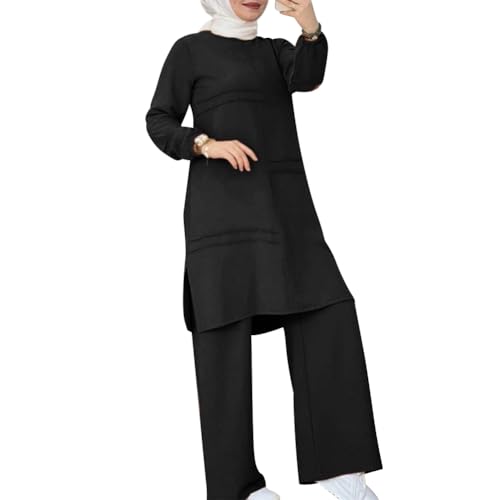 Image of Abayas Dress For Women Muslim Long Sleeve Loose Top Pants 2 Pcs Dubai Islamic Muslim Women Matching Sets