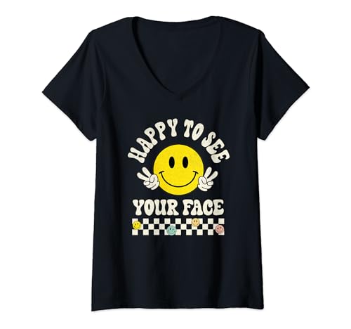 Damen happy to see your face teacher groovy smile back to school t-shirt mit v-ausschnitt