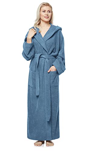 Arus Damenbademantel mit Kapuze, knöchellang, Baumwolle, L-XL Lang, Blaugrau