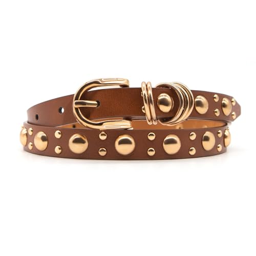 Long Keeper Skinny Women Leather Belt Punk Studded Belts for Pants Jeans Dresses Fashion Goth Thin Vegan Leather Waist Belt